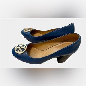 Tory Burch Navy Blue Leather Janey Block Heel Pumps Sz 9.5